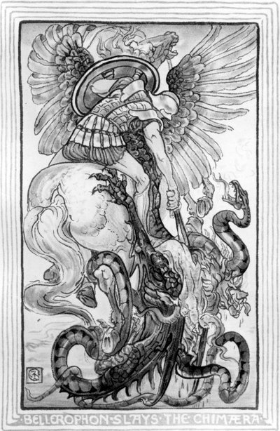 Bellerophon Slayed the Chimera, převzato z The Wonder-Book for Girls and Boys, kterou napsal Nathaniel Hawthorne, 1852 od American School