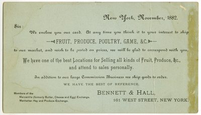 Bennett & Hall obchodní karta [verso], 1882 (rytá litografie [vizitka]) od American School