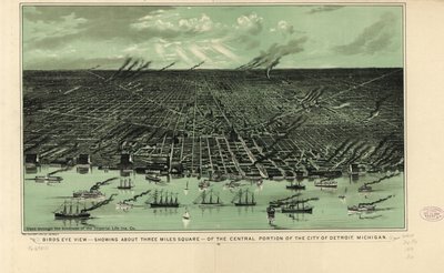 Pohled z ptačí perspektivy - ukazuje asi tři čtvereční míle - na centrální část města Detroit, Michigan, kolem roku 1889 (litho) od American School