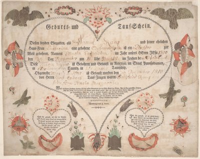 Rodný a křestní list (Geburts und Taufschein) pro Marii Catharinu Raup c.1806 (pero a inkoust s akvarelem na papíře) od American School