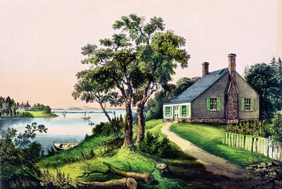 Místo narození George Washingtona v Bridges Creek, Westmoreland County, Virginia, 22. února 1732, publikoval Currier a Ives od American School