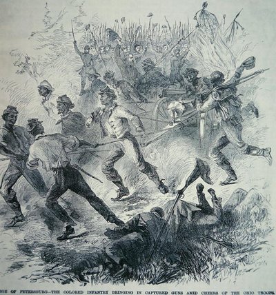 Černé jednotky armády Unie přinášejí ukořistěné zbraně během obléhání Petrohradu (1864–65) (litho) od American School