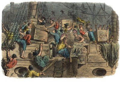 Boston Tea Party, cca 1860 (ručně kolorovaná rytina) od American School