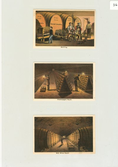 „Plnění“ a trezor na šampaňské, obchodní karty pro vinařství, kolem roku 1876 (barva litho) od American School