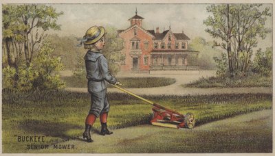 Chlapec seká trávu před venkovským domem (chromolitho) od American School