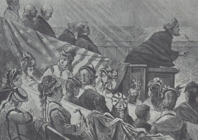 Brigham Young sledoval jeho mnoho mladých manželek při kázání ve Velkém mormonském svatostánku v Utahu od American School