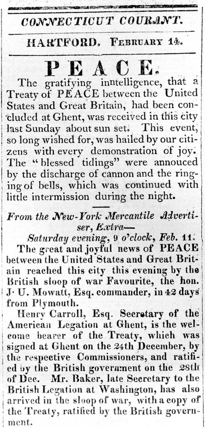 Brožurka oznamující mír mezi USA a Velkou Británií po válce z roku 1812, otištěná v Connecticut Courant, 1815 (tisk) od American School