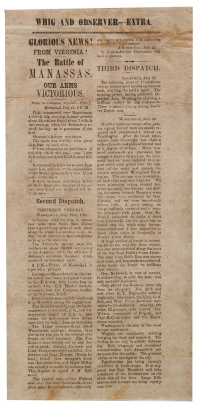 Broadside oznamující první bitvu o Manassas, Whig a Observer Extra, po 22. červenci 1861 od American School