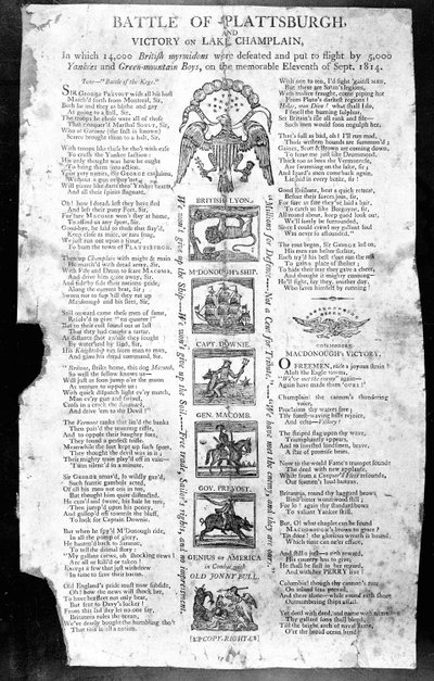 Broadside z války roku 1812 s bitvou u Plattsburghu a vítězstvím na jezeře Champlain (tisk) od American School