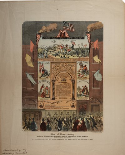 Broadside ohledně náboru Afroameričanů a oslav emancipace v Marylandu, Ringwalt & Brown (fl. 1863-1865), kolem 1. listopadu 1864 (viz také GLC 696015, 696016 & 696017) od American School