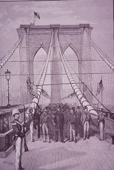Brooklyn Bridge, prezident Arthur na slavnostním zahájení, 24. května 1883 (rytina) od American School