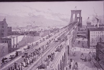 Brooklyn Bridge těsně po slavnostním zahájení, publikoval 26. května 1883 (rytina) od American School