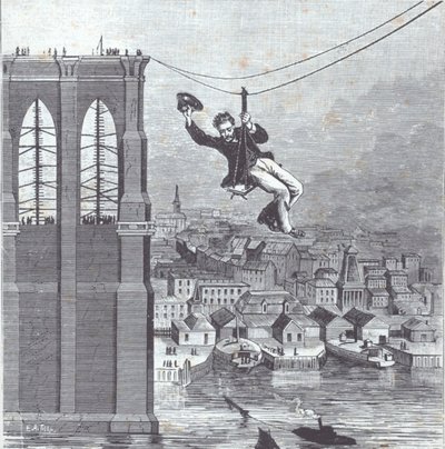 Brooklynský most ve výstavbě; Pan Farrington, hlavní stavební dozor, je první, kdo 25. srpna 1876 překročí rozpětí mezi dvěma pylony (rytina) od American School