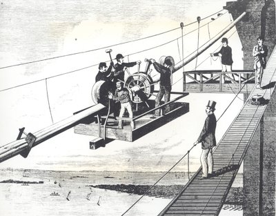 Brooklynský most ve výstavbě v roce 1876, pletení závěsných lan (rytina) od American School