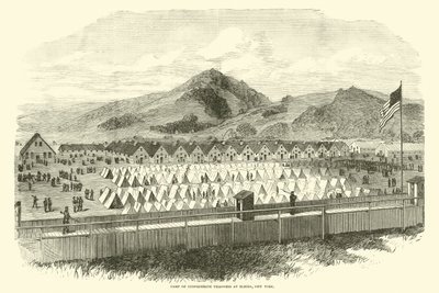 Tábor vězňů Konfederace v Elmira, New York, květen 1865 od American School