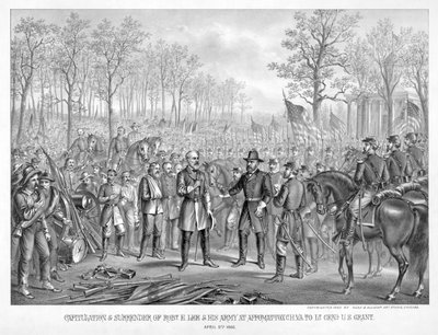 Kapitulace a kapitulace Roberta. E. Lee & His Army at Appomattox Chi., Va. Generálporučíkovi U.S. Grantovi, 9. dubna 1865, pub. 1885 (rytina) od American School