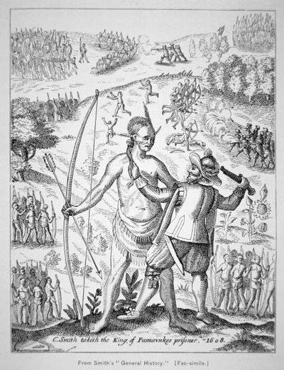 Kapitán John Smith (1580-1631) zachycující indiánského náčelníka v roce 1608 ze Smithovy „Generall Historie of Virginia, New England & the Summer Isles“ od American School