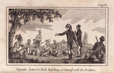 Kapitán Lewis a Clarke pořádají poradu s Indiány, hospoda. 1812 (rytina) od American School