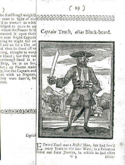 Captain Teach, Alias Black Beard, z Historie a životy všech nejznámějších pirátů a jejich posádek, Londýn, 1725 od American School