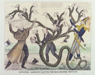 Karikatura generála Jacksona (1767-1845) Slaying the Many Headed Monster, vydal H.R. Robinson, kolem roku 1836 (pero a inkoust, tužka a wc na papíře) od American School