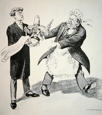 Kreslený film zobrazující prezidenta Williama H. Tafta (1857-1930), jak předává problematickou „mexickou situaci“ svému nástupci prezidentu Woodrowu Wilsonovi (1856-1924) 1913 (litho) od American School