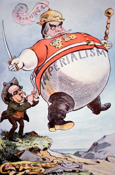 Kreslený film zobrazuje Williama Jenningse Bryana (1860-1925) vyhazujícího do vzduchu „imperialistický větrný vak“ William Mckinley (1843-1901) z filmu „Puck“ od American School