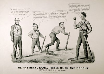Kreslený film zobrazující Abrahama Lincolna (1809-65), jak vyhrál míč proti svým protivníkům Douglasovi, Bellovi a Breckenridge v prezidentských volbách v roce 1860, 1860 od American School
