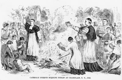 Katoličtí kněží pálí Bible v Champlain, New York, ilustrace z antikatolické brožury, 1842 od American School