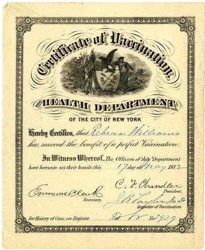 Potvrzení o očkování, Ministerstvo zdravotnictví města New York..., 1882 (rytina [certifikát] vyplněna inkoustem) od American School
