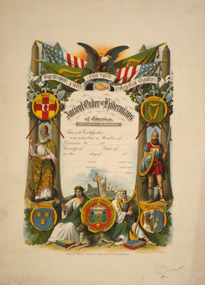 Osvědčení o členství v Ancient Order of Hibernians of America, kolem roku 1894 (barevná litografie) od American School