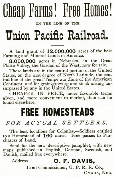Levné farmy a volné domy na lince Union Pacific Railroad, reklama z Appletons Journal, 4. května 1872 od American School