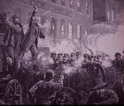 Chicago Haymarket Labor Riot z roku 1886, rytina publikovaná v Harper