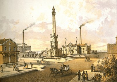 Chicago Water Works, od Chicago Illustrated, s literárními popisy Jamese W. Sheahana, vydal Jevne & Almini, Chicago, 1866-67 od American School