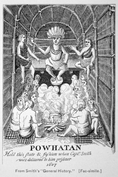Náčelník Powhatan, jak se objevil v roce 1607, ze Smithovy „Generall Historie of Virginia, New England & the Summer Isles“ od American School