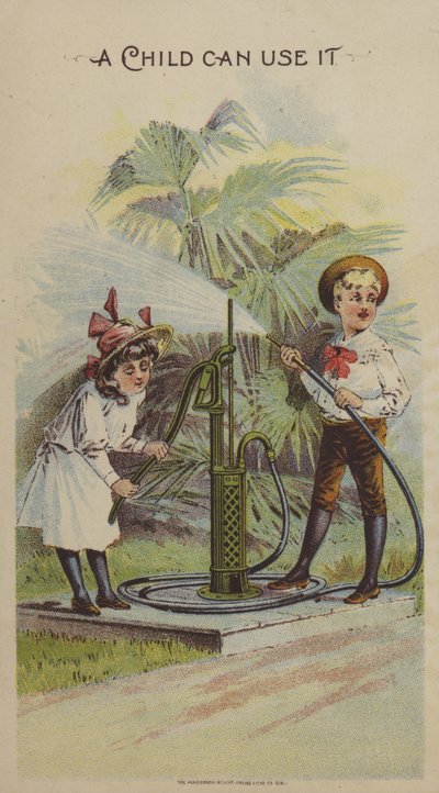 Děti si hrají s vodní pumpou (chromolitho) od American School