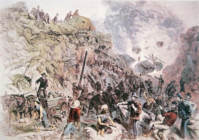 Čínští dělníci pomáhají budovat Central Pacific Railroad, dokončena v roce 1869 (barevné lito) od American School