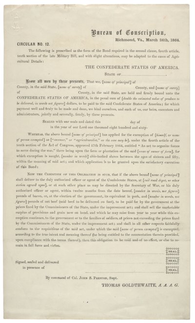 Oběžník č. 12, prázdná žádost o osvobození od služby v armádě Konfederace, 24. března 1864 od American School