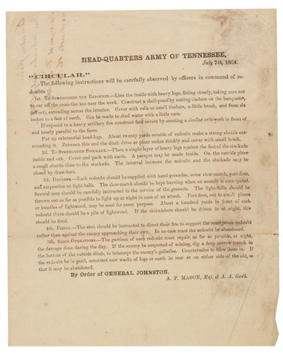 Oběžník týkající se výstavby a opevnění redut používaných armádou Tennessee, 7. července 1864 od American School