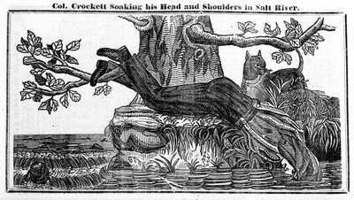 Plukovník Davy Crockett si máčí hlavu a ramena v Salt River, z Crocketts Almanach, 1837 (novinový papír) od American School