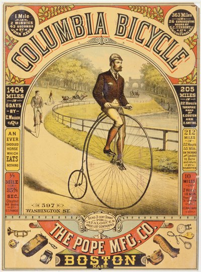 Reklama na jízdní kolo Columbia, cca 90. léta 19. století (chromolitografie) od American School