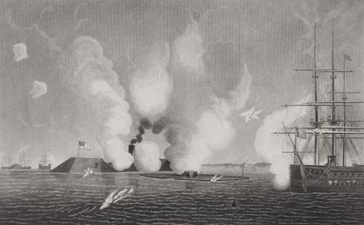 Boj mezi konfederačním CSS Virginia (vlevo) a Union USS Monitor (uprostřed) 9. března 1862 v Hampton Roads ve Virginii (podrobnosti viz 254609) od American School