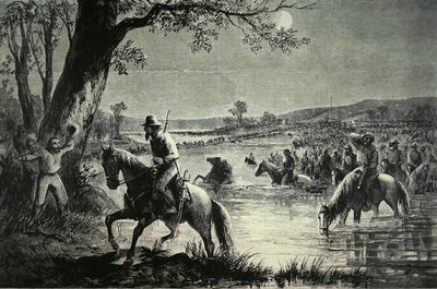 Armáda Konfederace překračující brody řeky Potomac během invaze do Marylandu v roce 1862 (litografie) od American School