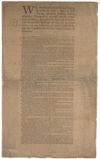 Constitution, první tisk, vytištěno společností Dunlap & Claypoole, 17.-19. září 1787 (viz GLC 695934 na straně 2) od American School