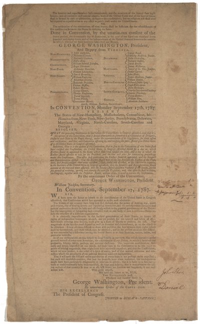 Ústava, první tisk, vytištěno společností Dunlap & Claypoole, 17.–19. září 1787 (viz také GLC 695933, GLC 695934 & GLC 695935) od American School