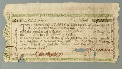 Certifikát Continental Loan Office číslo 4863 podepsaný pokladníkem Francisem Hopkinsonem, 26. března 1781 od American School