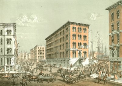 Roh ulic Clark a South Water Street, z knihy Chicago Illustrated, s literárními popisy Jamese W. Sheahana, vydané nakladatelstvím Jevne & Almini, Chicago, 1866-67. od American School