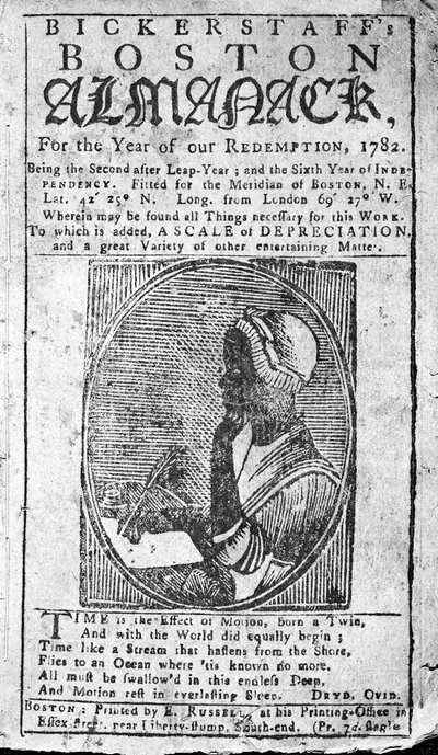 Obálka Bickerstaffs Boston Almanack s portrétem Phillis Wheatley (1753-84) vydaná 1782 (tisk) od American School