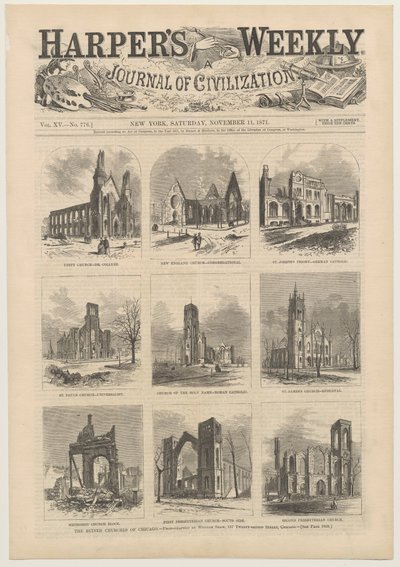 Obálka Harpers Weekly zobrazující scény zničených kostelů v Chicagu, 11. listopadu 1871 od American School