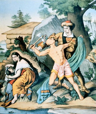 Daniel Boone (1734-1820) brání svou rodinu před indiánským útokem od American School
