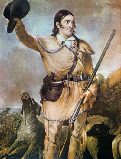David (Davy) Crockett (1786-1836) se svými loveckými psy v roce 1836 (barva lito) od American School